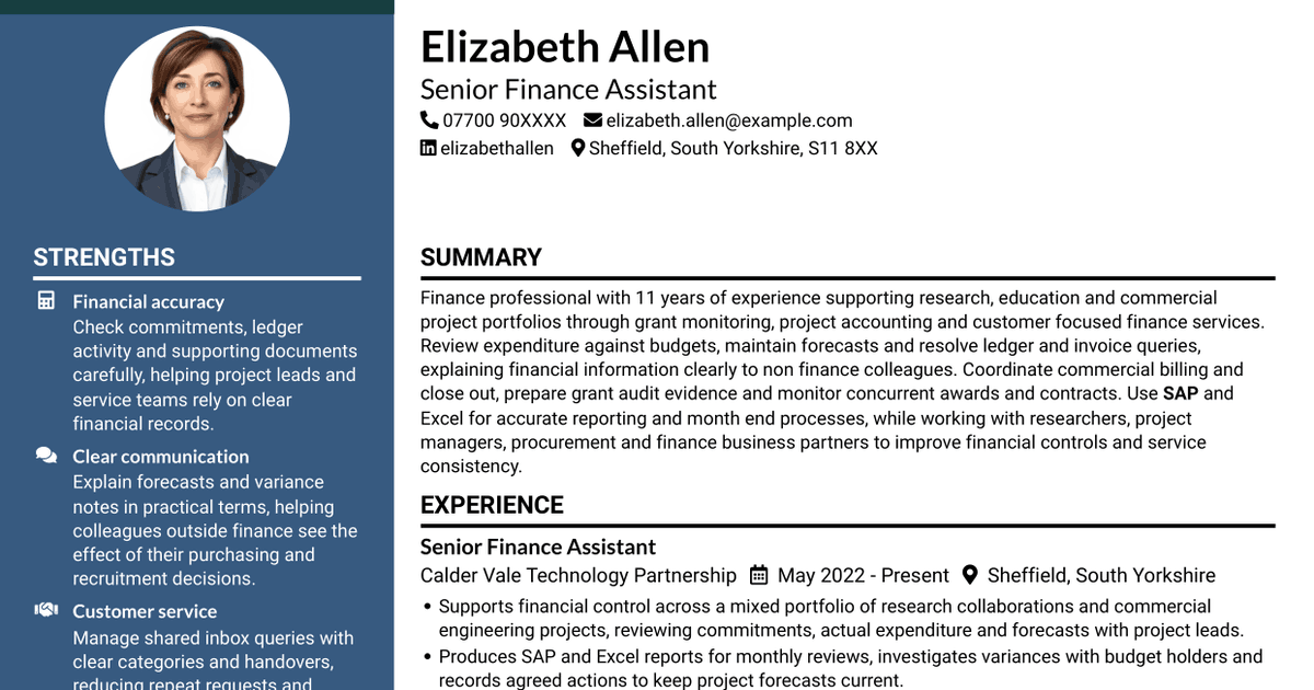 7 Senior Finance Assistant - Research Finance CV Templates with Example