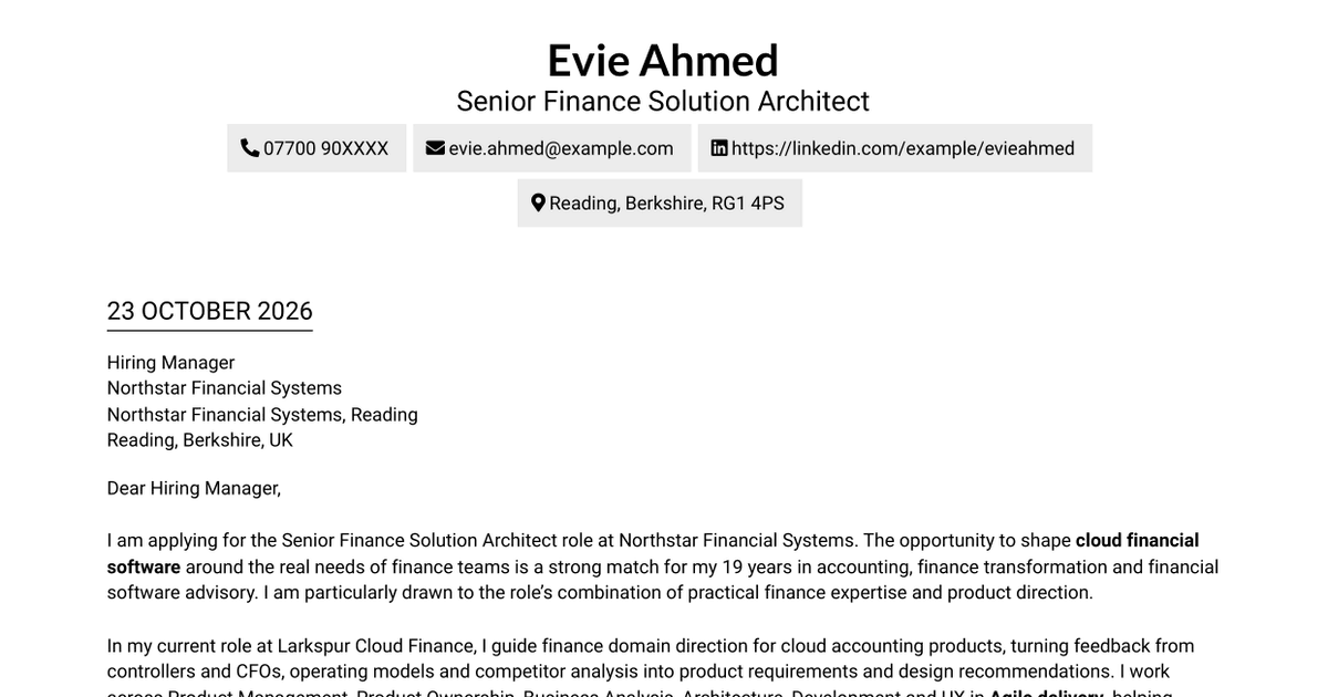 7 Senior Finance Solution Architect - Financial Software Cover Letter Templates with Example