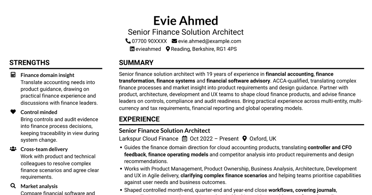 7 Senior Finance Solution Architect - Financial Software CV Templates with Example