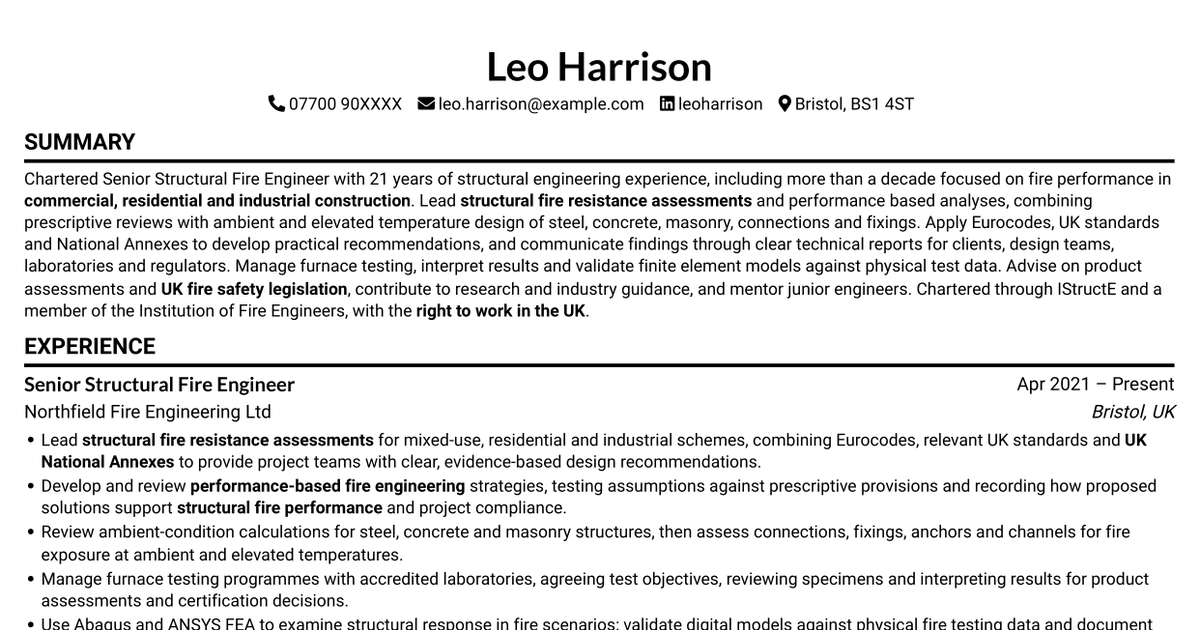 7 Senior Fire Engineer - Structural CV Templates with Example
