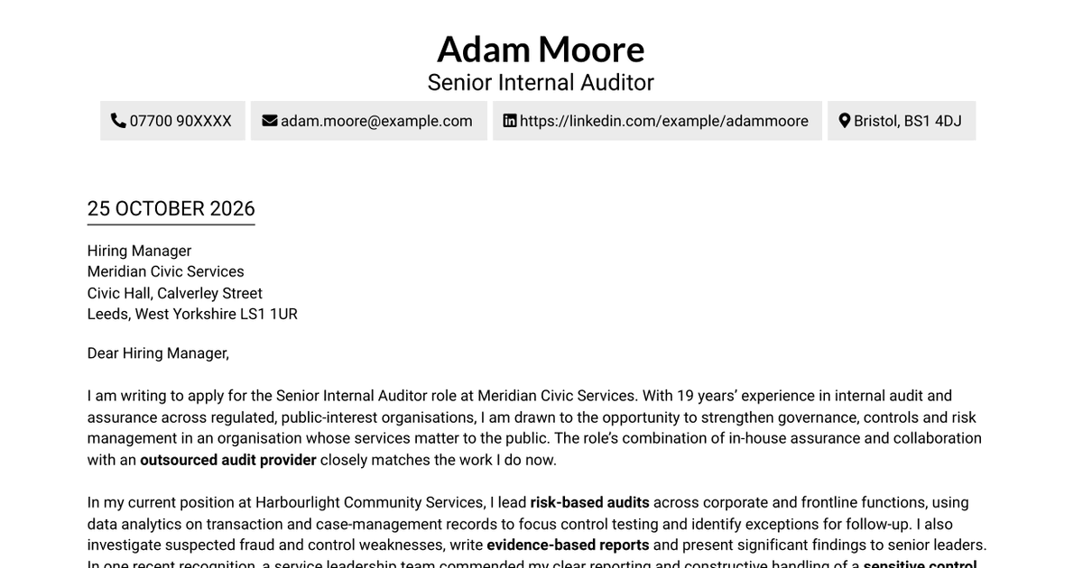 Senior Internal Auditor - Risk and Assurance Cover Letter