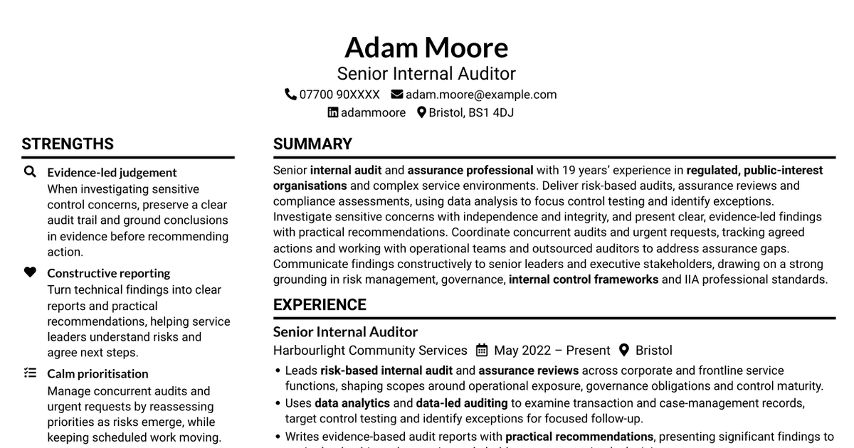 Senior Internal Auditor - Risk and Assurance CV