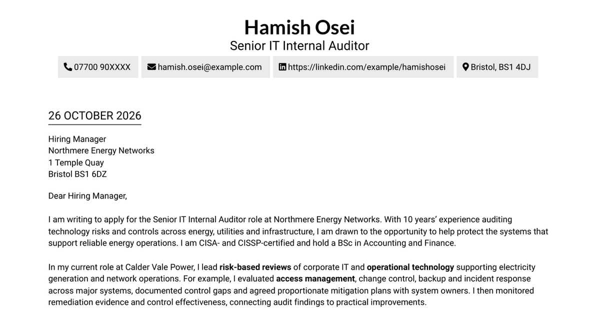 Senior IT Internal Auditor Energy and Infrastructure Cover Letter