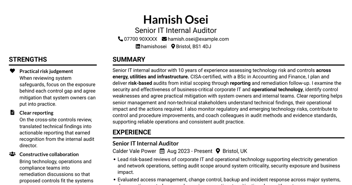 Senior IT Internal Auditor Energy and Infrastructure CV
