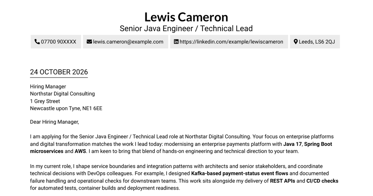 7 Senior Java Engineer / Technical Lead - AWS Cloud-Native Microservices Cover Letter Templates with Example