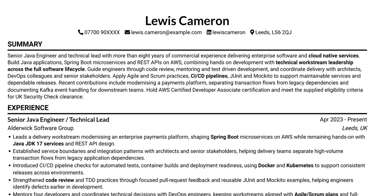 7 Senior Java Engineer / Technical Lead - AWS Cloud-Native Microservices CV Templates with Example
