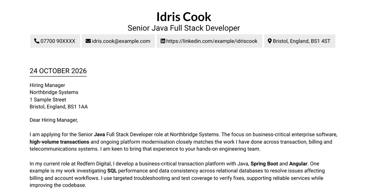 Senior Java Full Stack Developer - Enterprise Applications Cover Letter