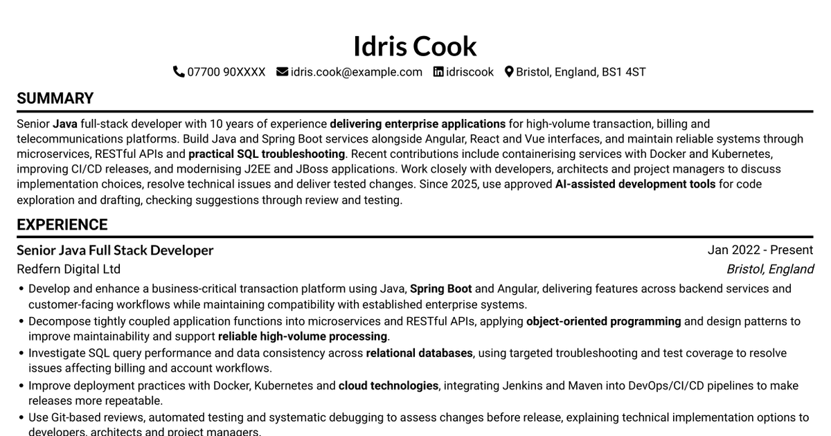 Senior Java Full Stack Developer - Enterprise Applications CV