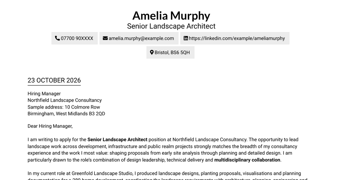 7 Senior Landscape Architect - Landscape Planning and Design Cover Letter Templates with Example