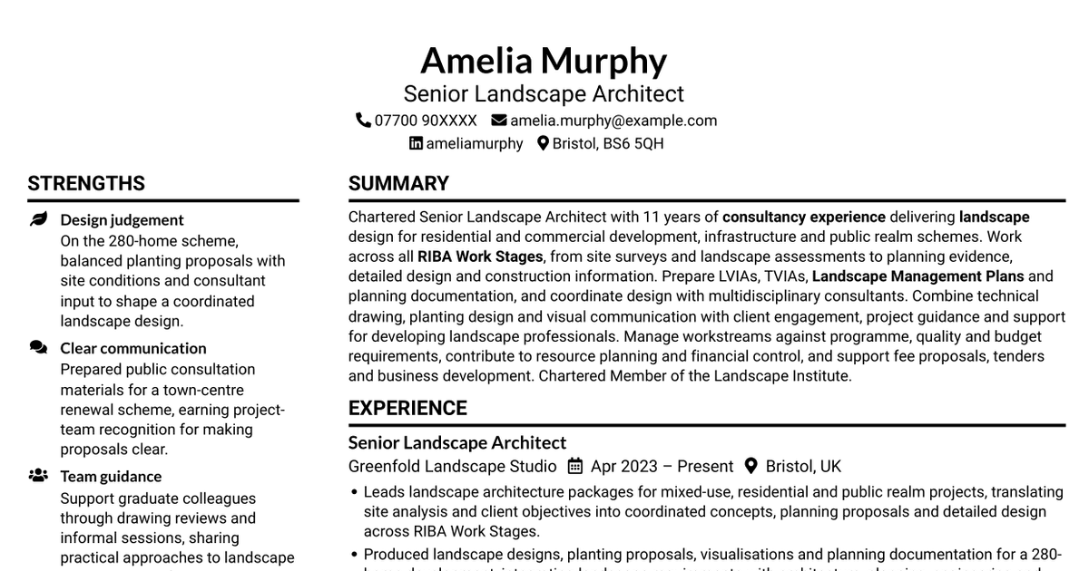 7 Senior Landscape Architect - Landscape Planning and Design CV Templates with Example