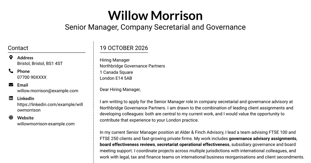 7 Senior Manager - Company Secretarial and Governance Advisory Cover Letter Templates with Example