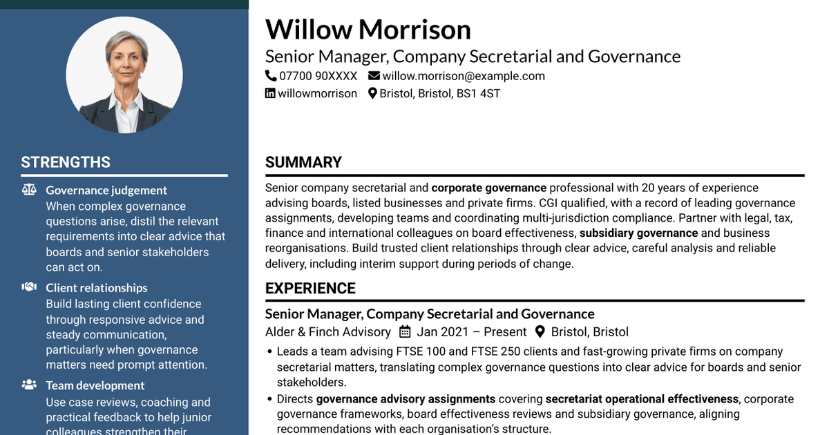 7 Senior Manager - Company Secretarial and Governance Advisory CV Templates with Example
