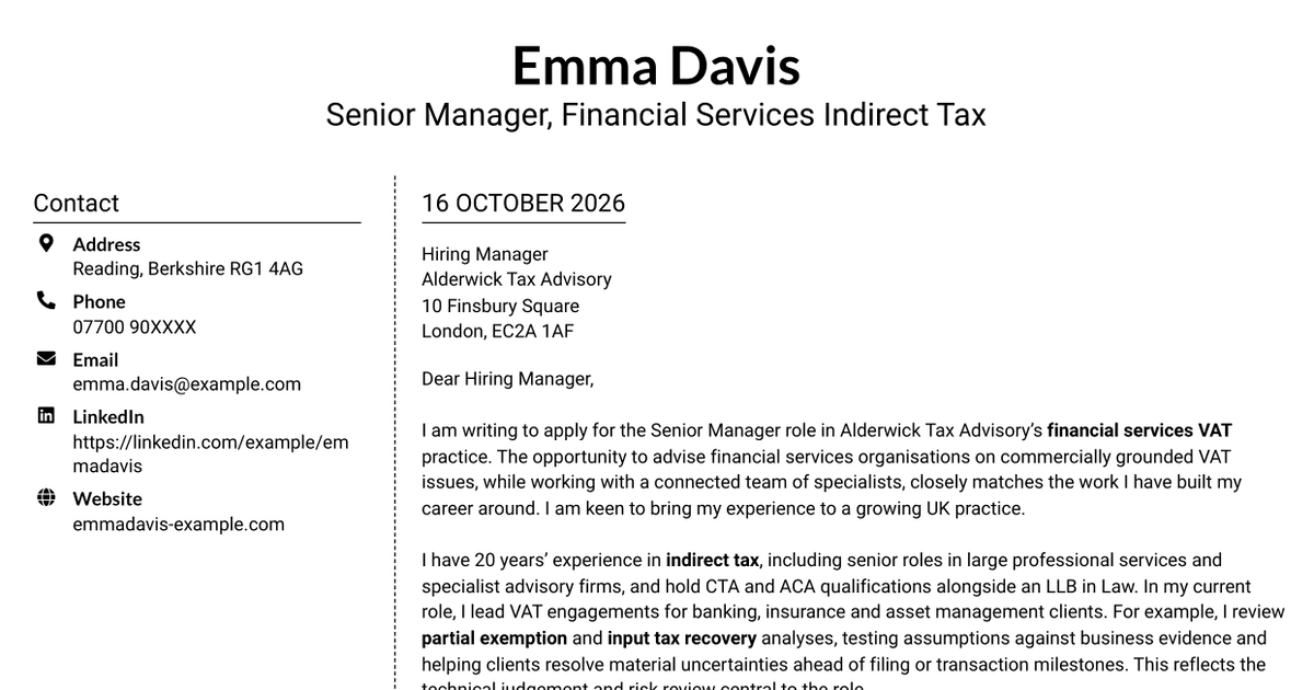 7 Senior Manager - Indirect Tax Advisory, Financial Services Cover Letter Templates with Example