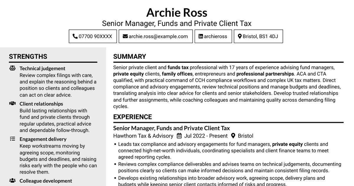 7 Senior Manager, Private Client Services - Funds CV Templates with Example