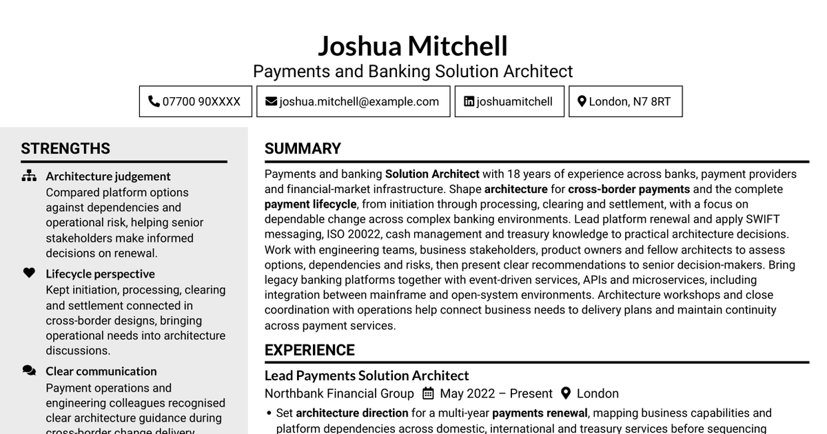 7 Senior Payments Solutions Architect - Payments & Treasury CV Templates with Example