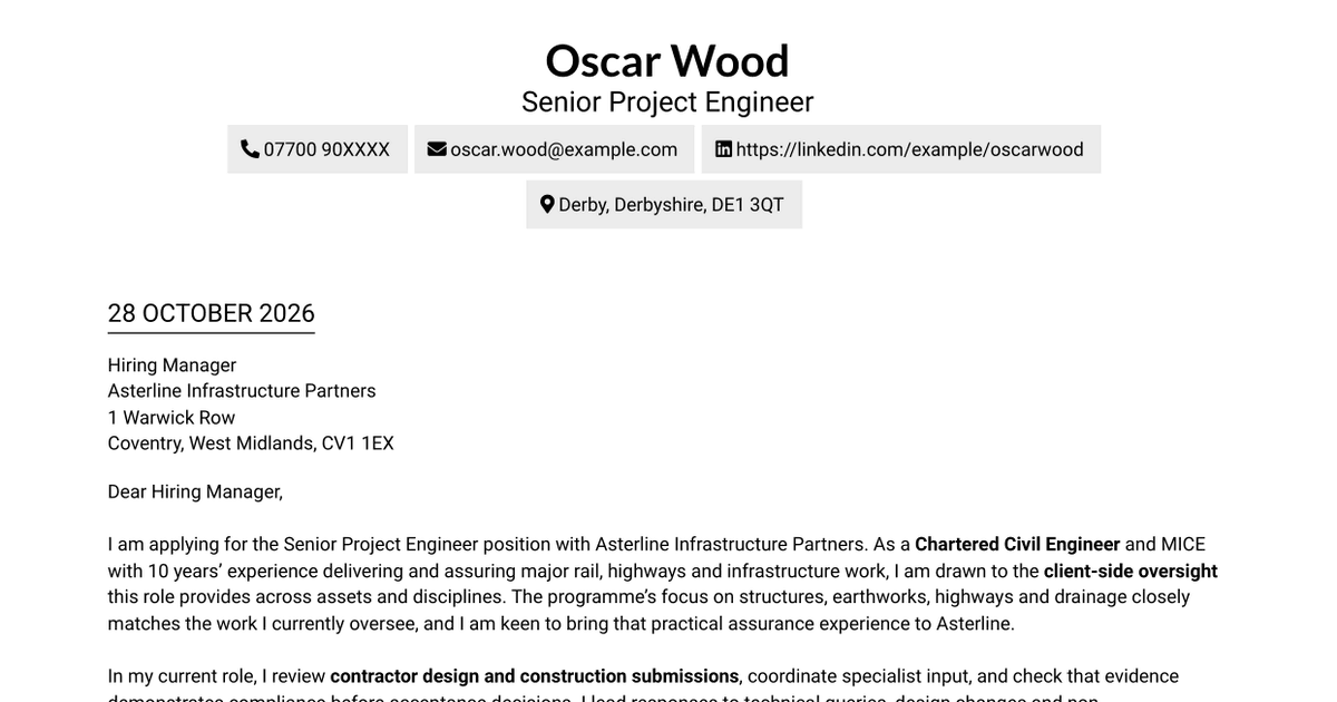 Senior Project Engineer - Rail and Civil Engineering Cover Letter