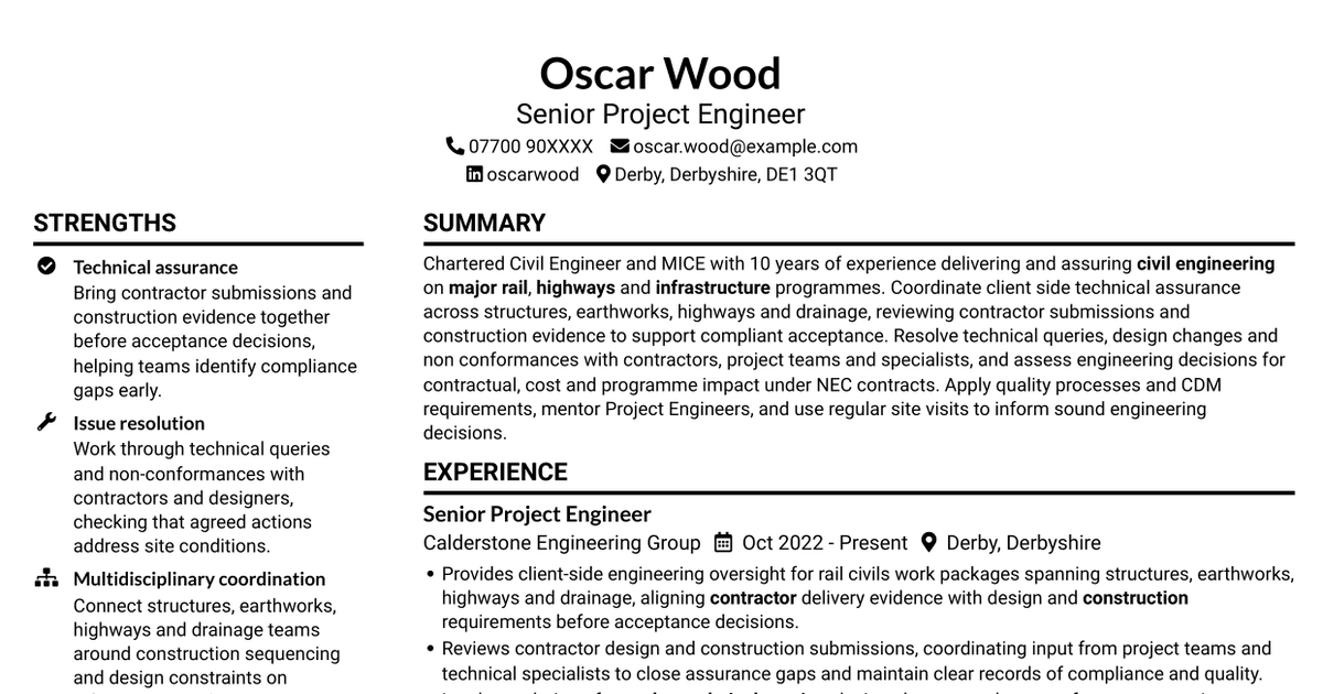 Senior Project Engineer - Rail and Civil Engineering CV