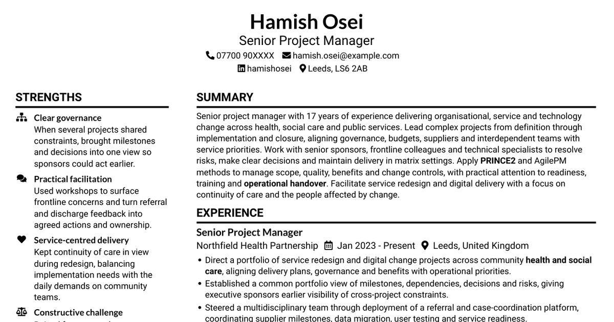 7 Senior Project Manager Health and Social Care CV Templates with Example