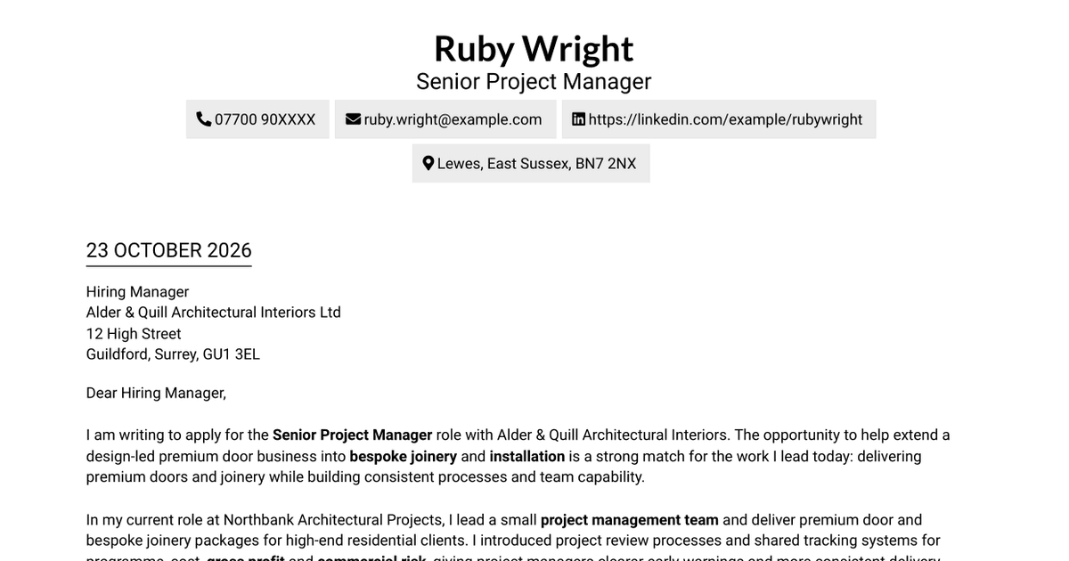 7 Senior Project Manager - Premium Doors, Joinery and Installation Cover Letter Templates with Example