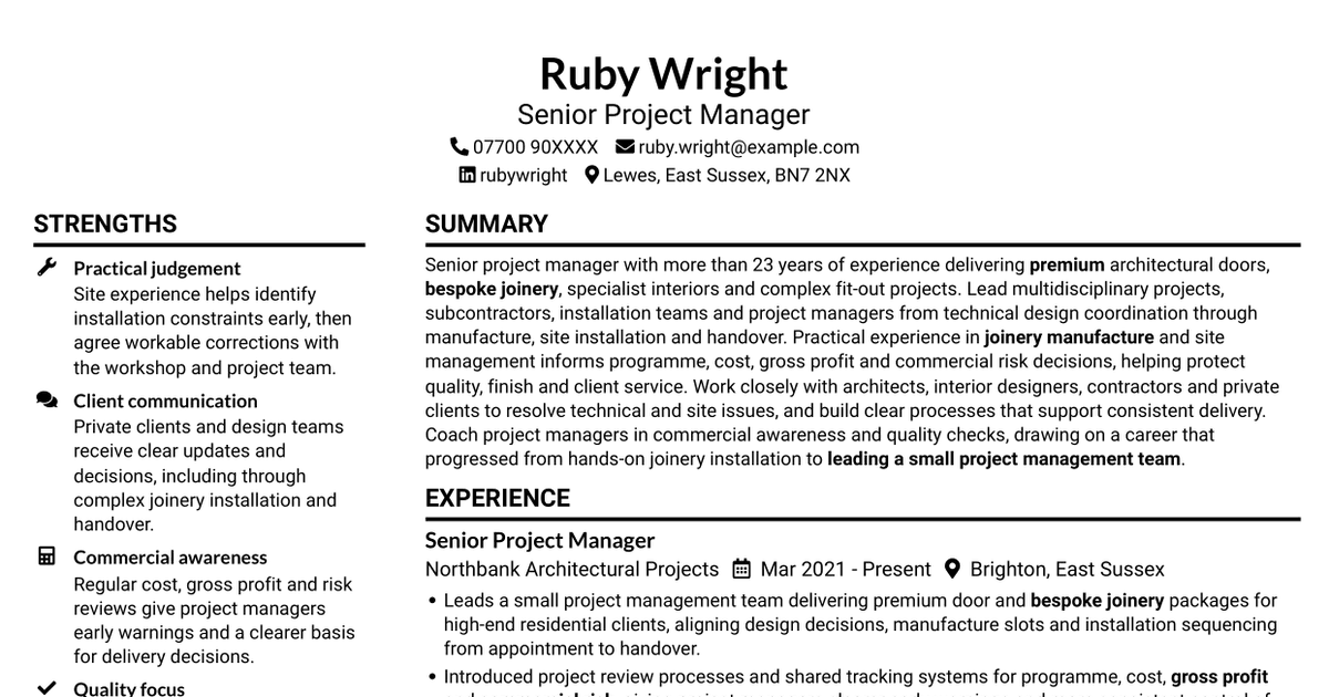 7 Senior Project Manager - Premium Doors, Joinery and Installation CV Templates with Example