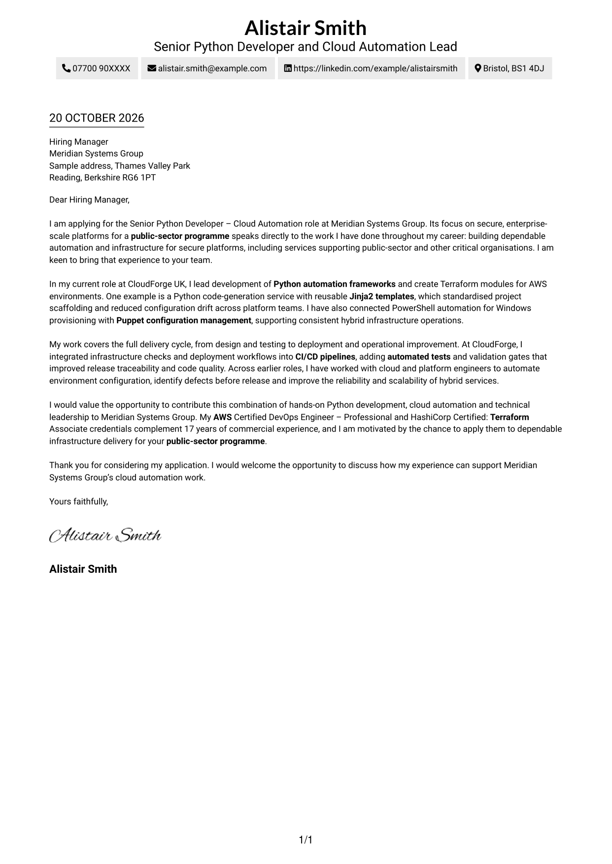 Cover letter example — page 1