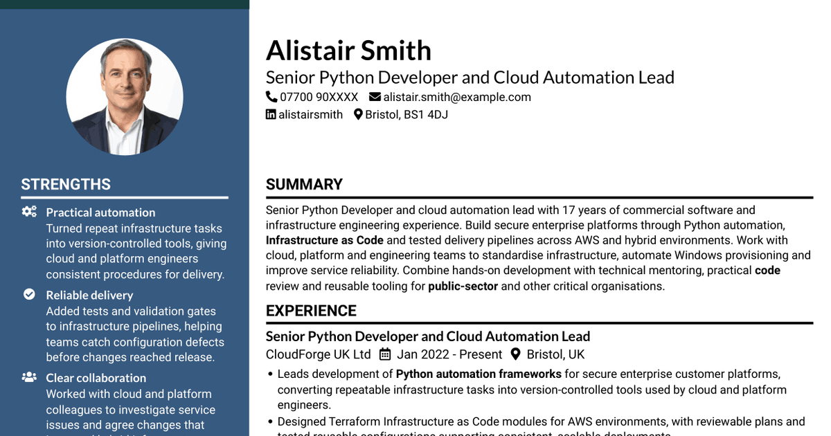 7 Senior Python Developer - Cloud Automation CV Templates with Example