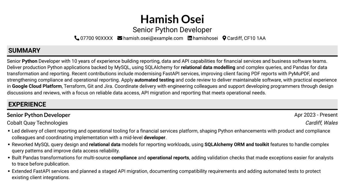 7 Senior Python Developer CV Templates with Example