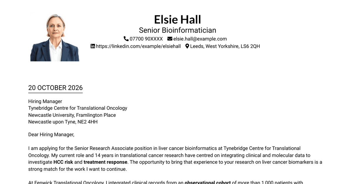 7 Senior Research Associate - Liver Cancer Bioinformatics Cover Letter Templates with Example