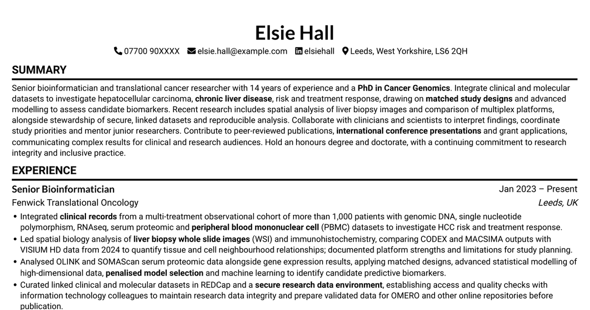 7 Senior Research Associate - Liver Cancer Bioinformatics CV Templates with Example