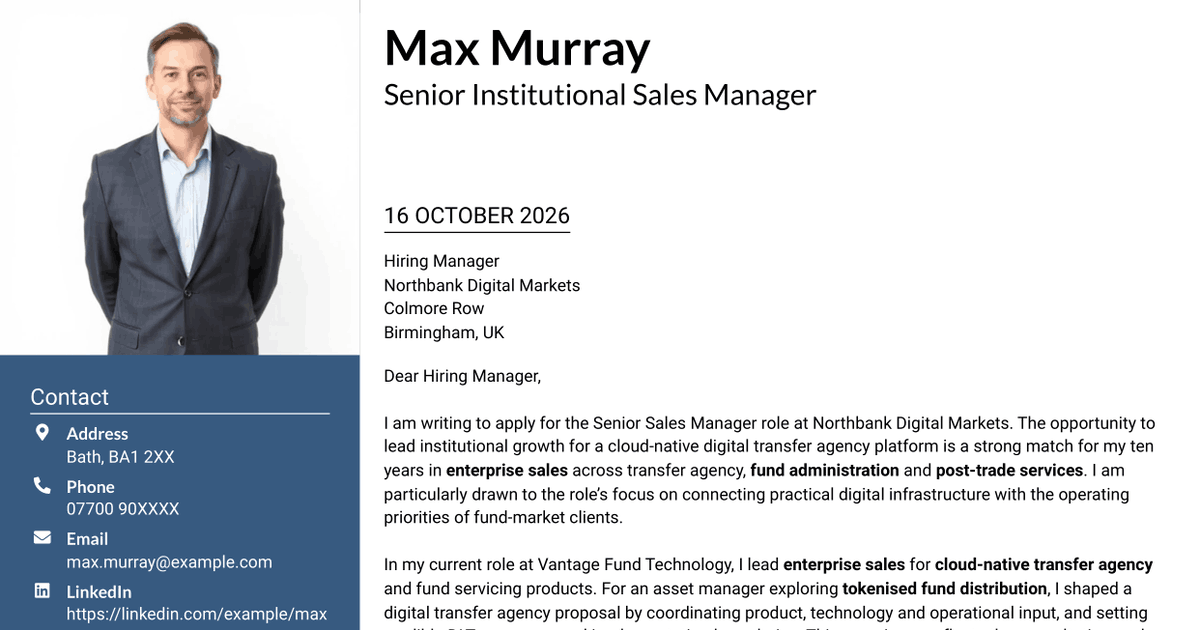 7 Senior Sales Manager - Digital Fund Services Cover Letter Templates with Example