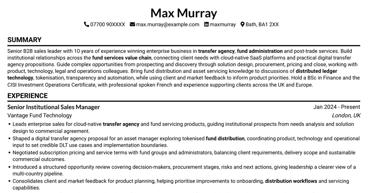 7 Senior Sales Manager - Digital Fund Services CV Templates with Example