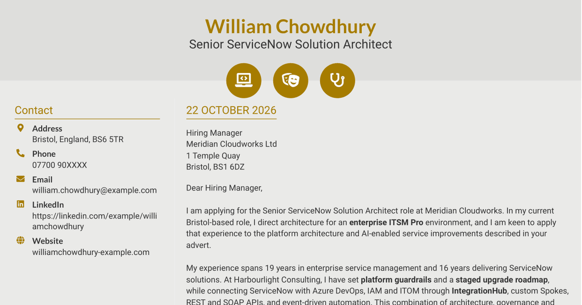 7 Senior ServiceNow Solution Architect - AI and Workflow Automation Cover Letter Templates with Example