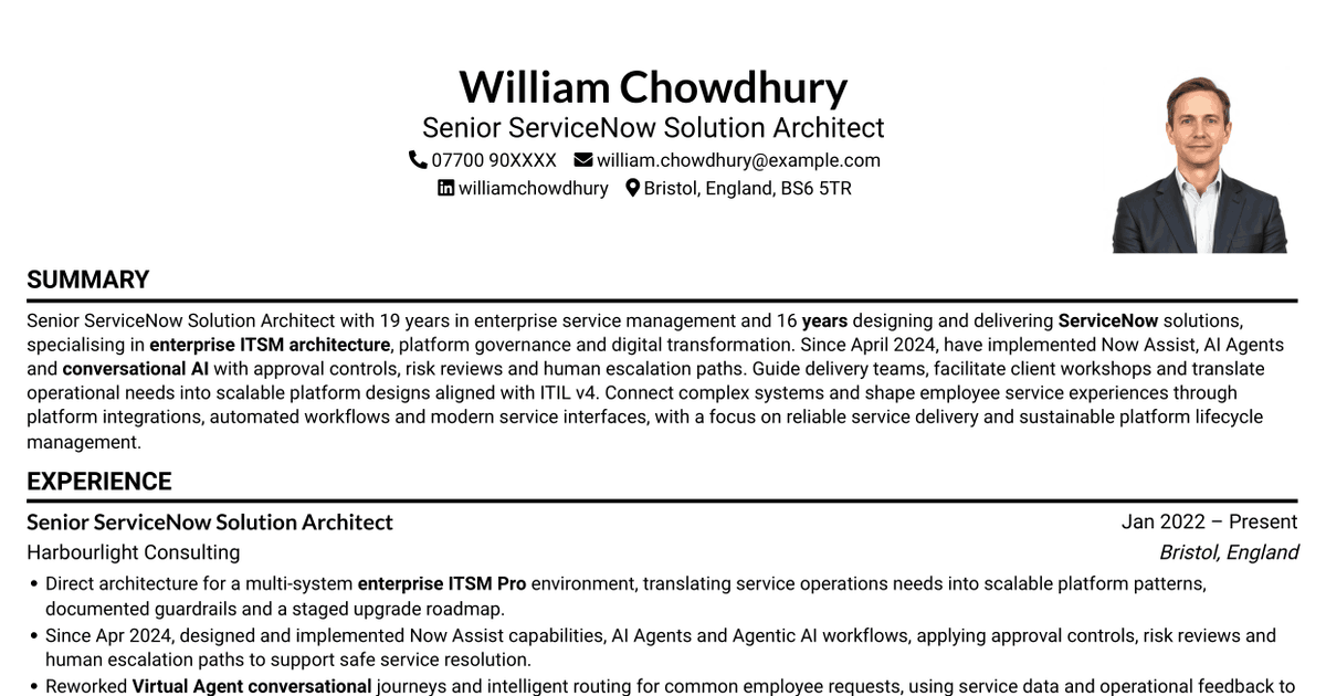 7 Senior ServiceNow Solution Architect - AI and Workflow Automation CV Templates with Example