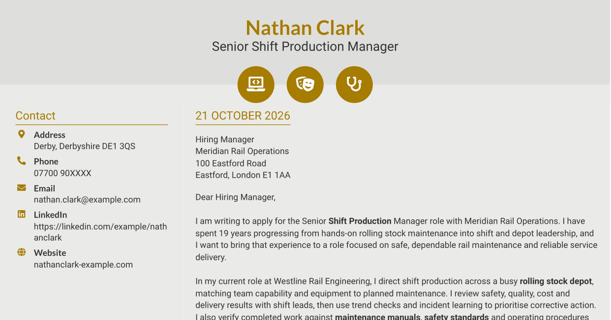 7 Senior Shift Production Manager - Rail Maintenance Cover Letter Templates with Example