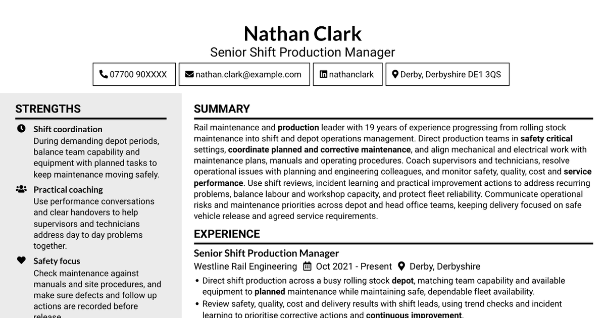7 Senior Shift Production Manager - Rail Maintenance CV Templates with Example