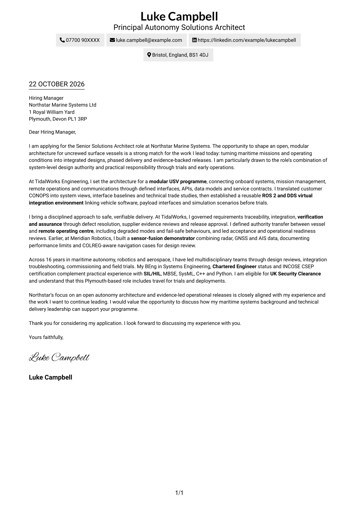 Cover letter example — page 1