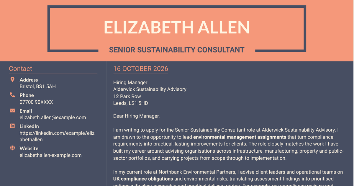 7 Senior Sustainability Consultant - Environmental Management Cover Letter Templates with Example