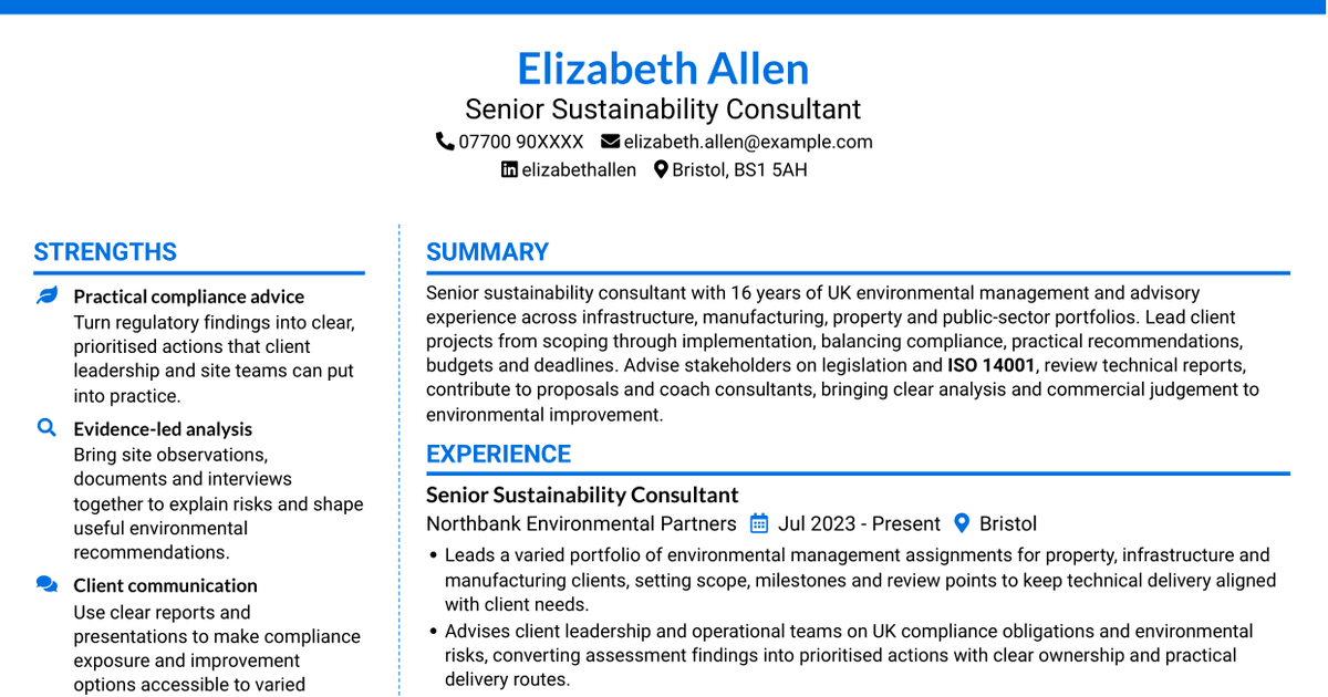 7 Senior Sustainability Consultant - Environmental Management CV Templates with Example