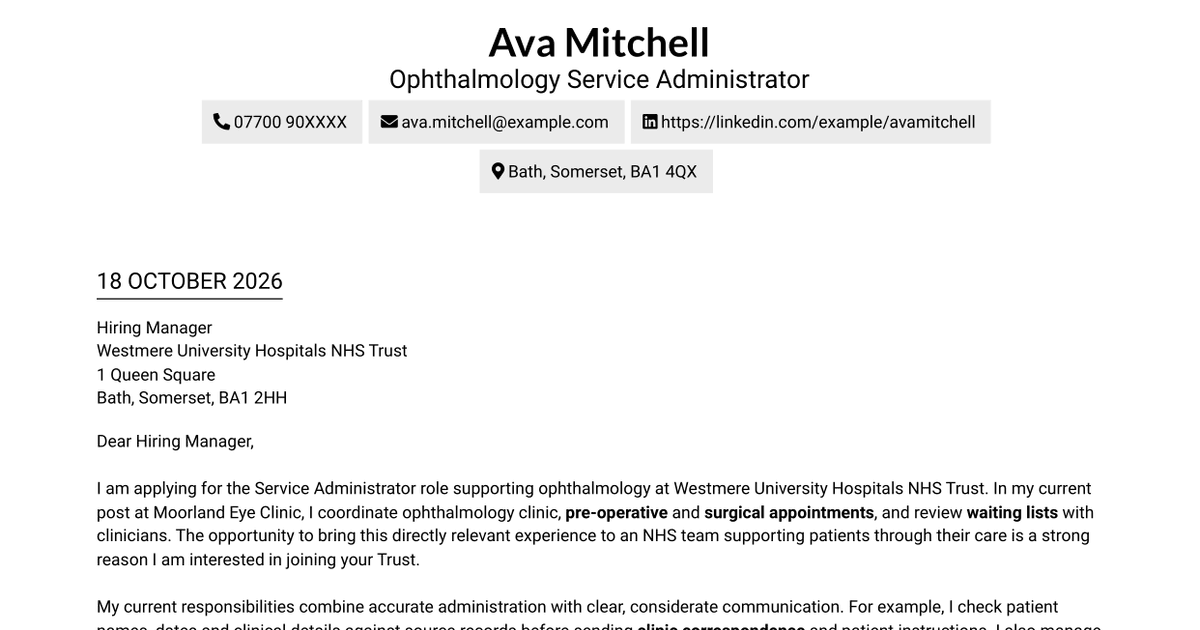 7 Service Administrator - Ophthalmology Patient Administration Cover Letter Templates with Example