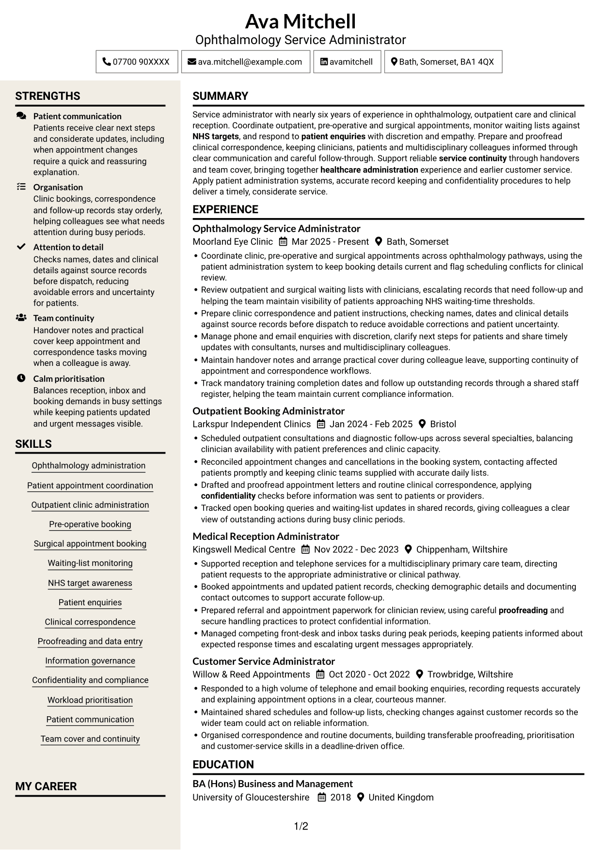 CV example — page 1