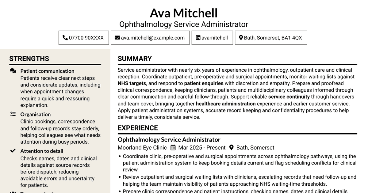 7 Service Administrator - Ophthalmology Patient Administration CV Templates with Example