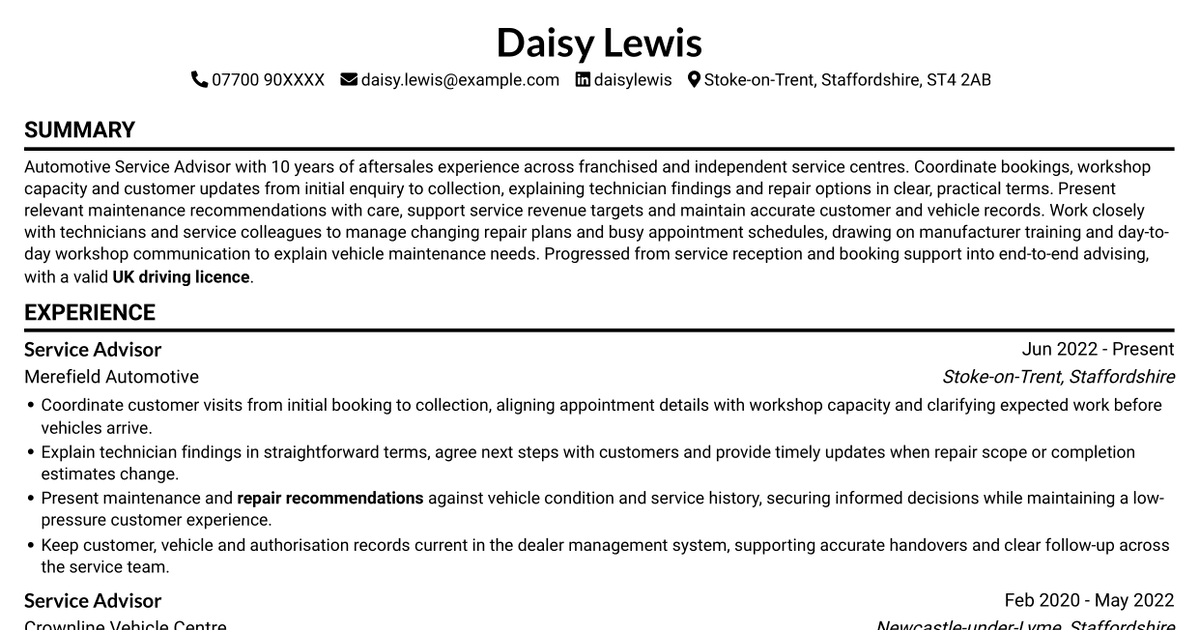 7 Service Advisor - Automotive Aftersales CV Templates with Example
