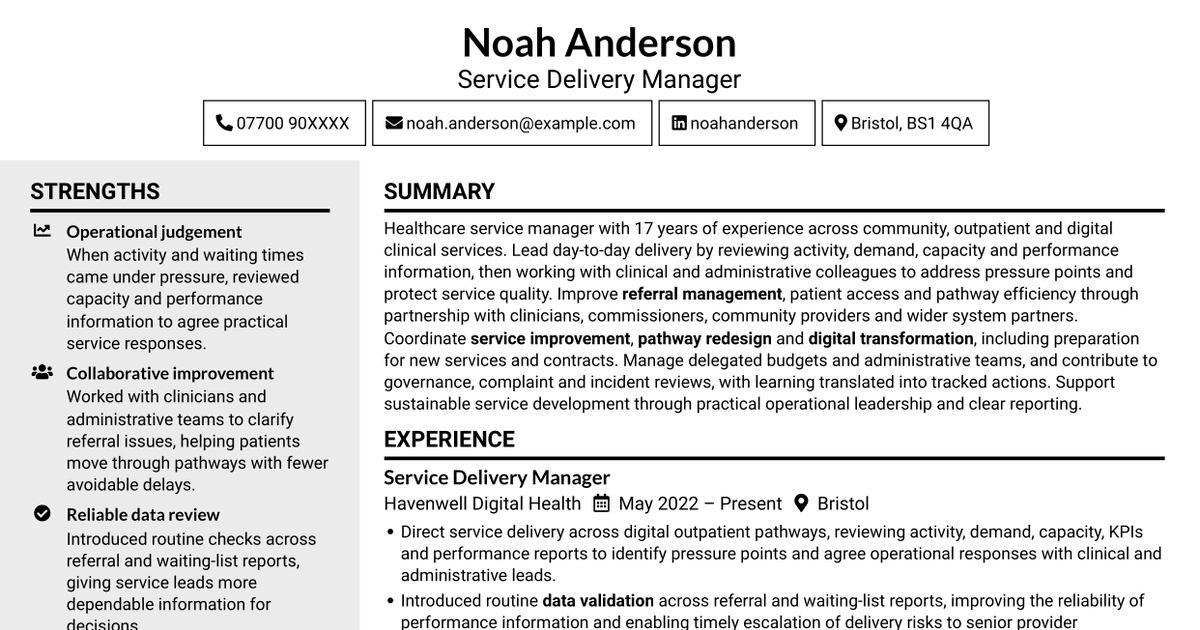 7 Service Manager - Digital Clinical Services CV Templates with Example