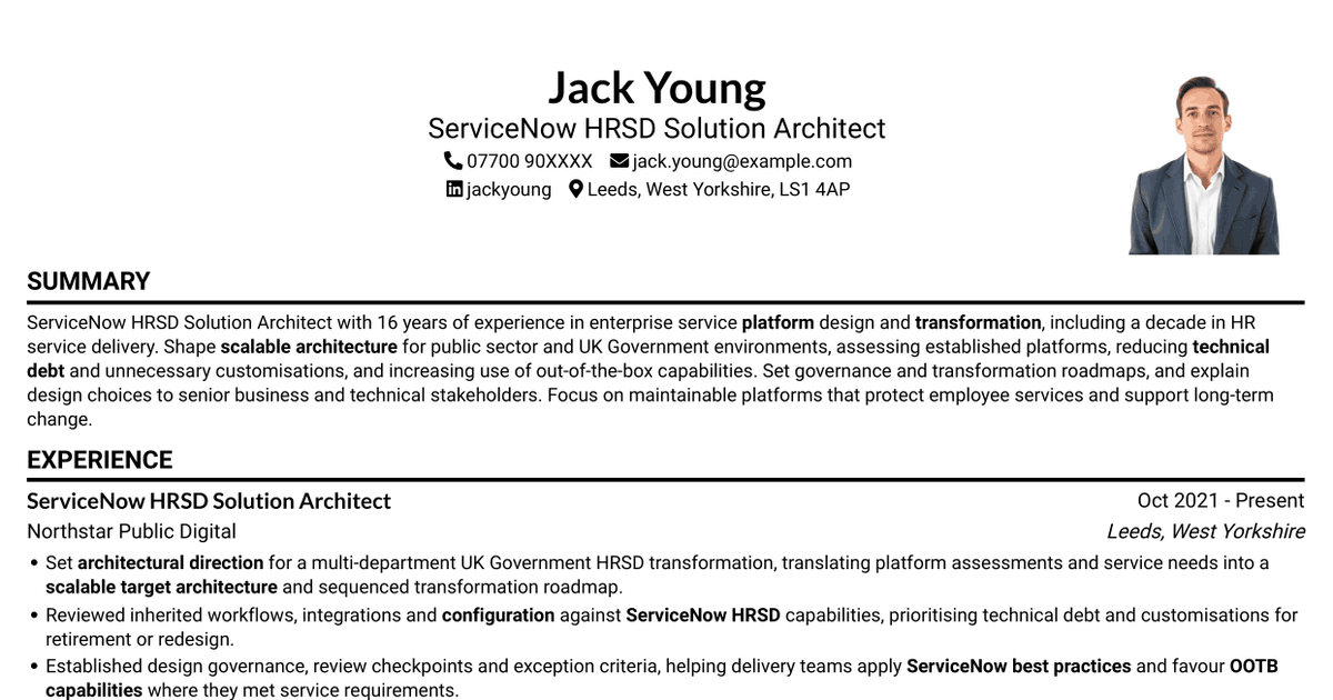 7 ServiceNow HRSD Solution Architect CV Templates with Example