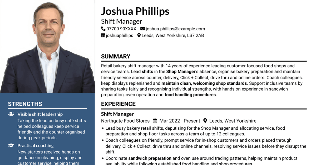7 Shift Manager - Bakery Retail Operations CV Templates with Example