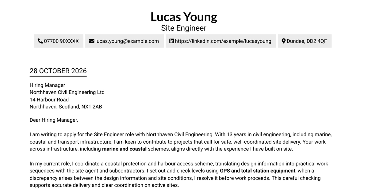 Site Engineer - Civil Infrastructure Cover Letter