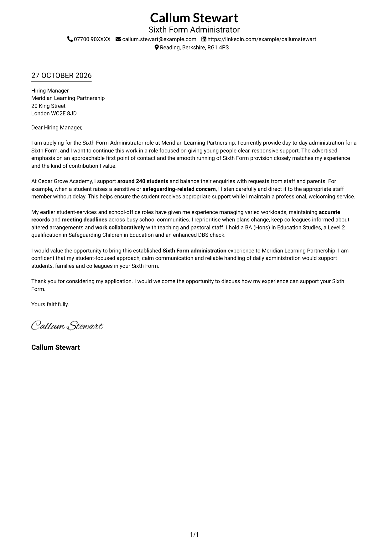 Cover letter example — page 1