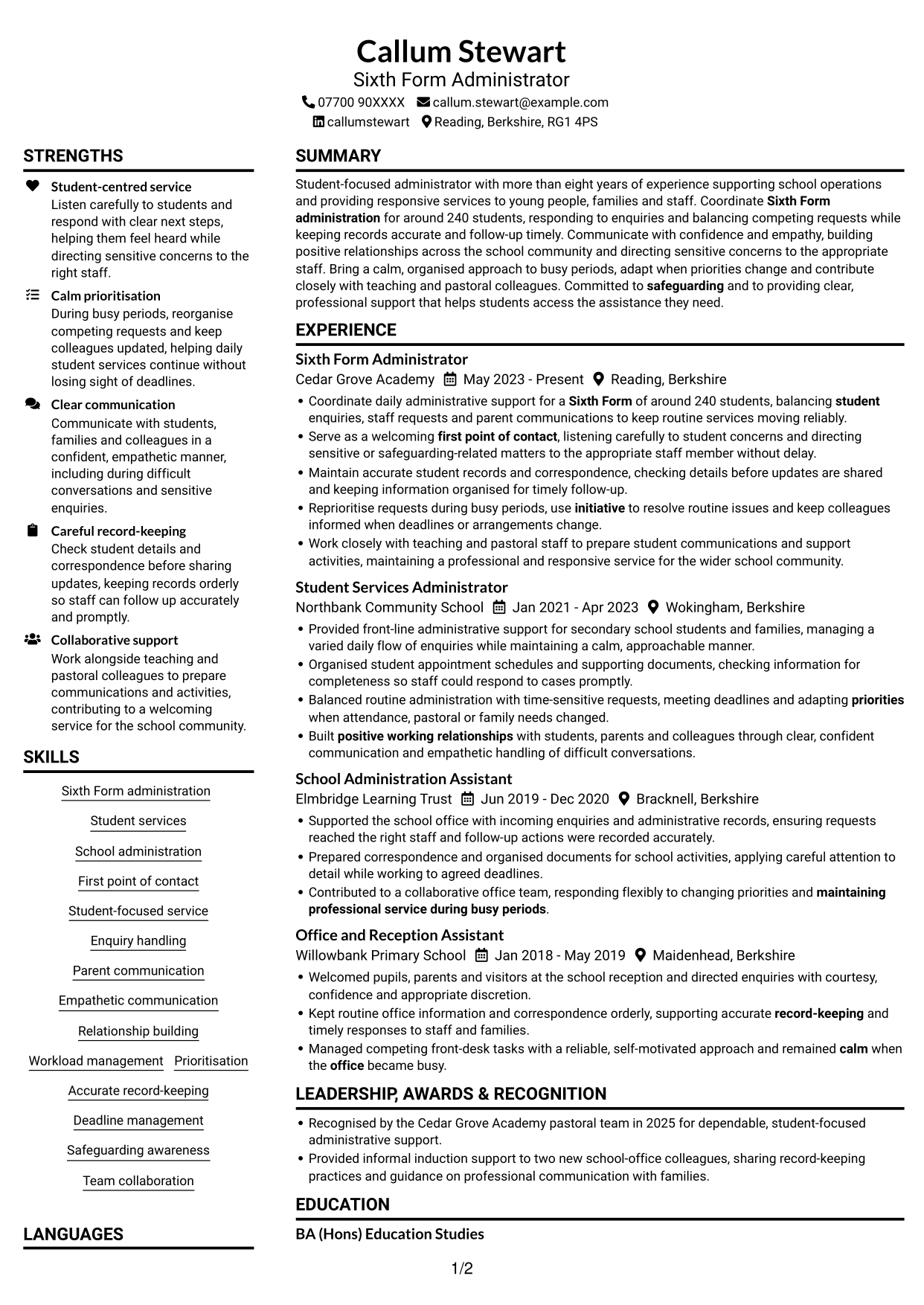 CV example — page 1