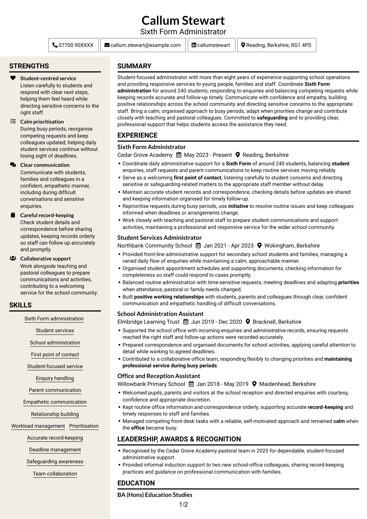 CV example — page 1