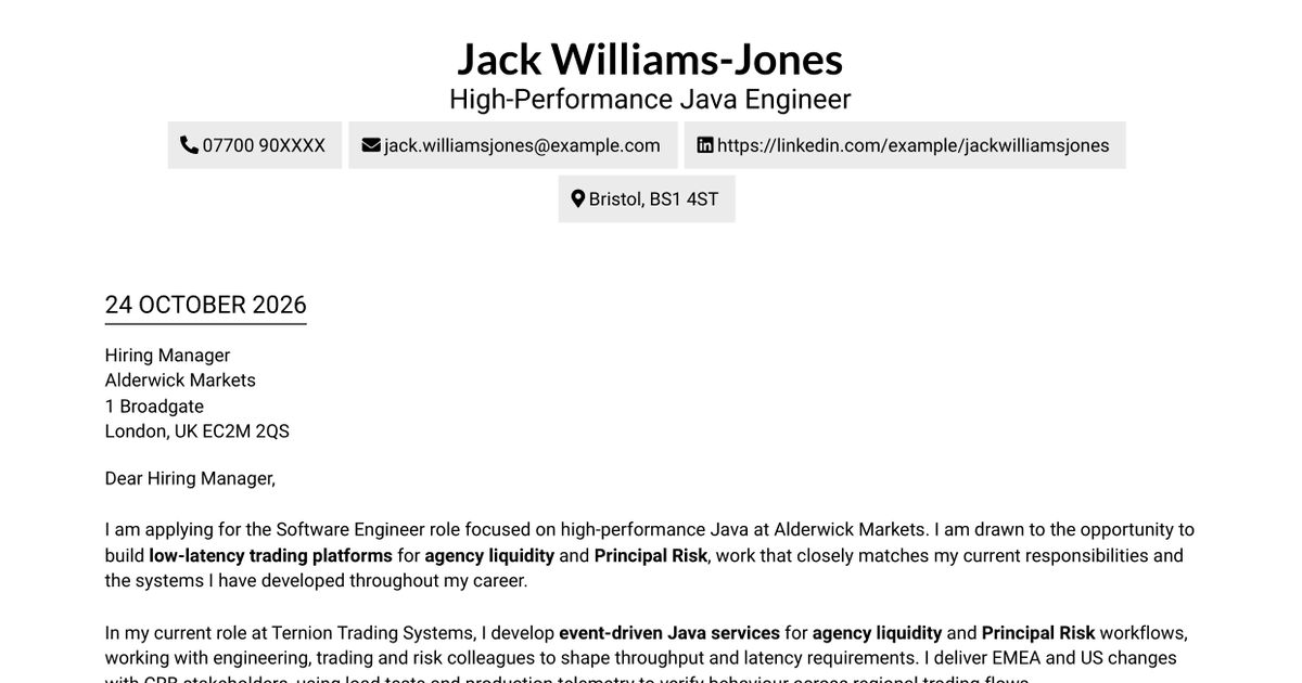 Software Engineer - High-Performance Java / Low Latency Cover Letter